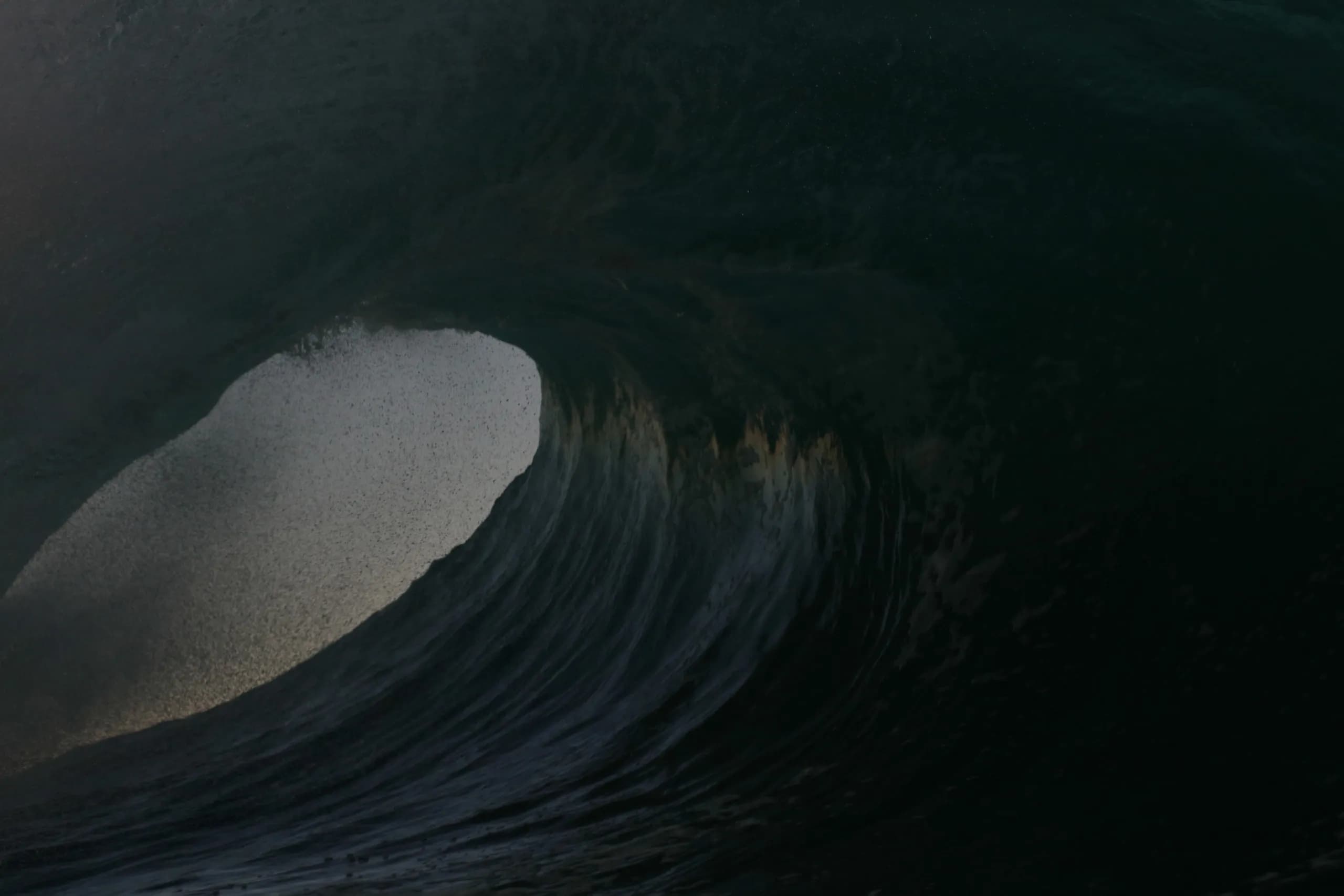 A hollow dark green wave folding over open water.
