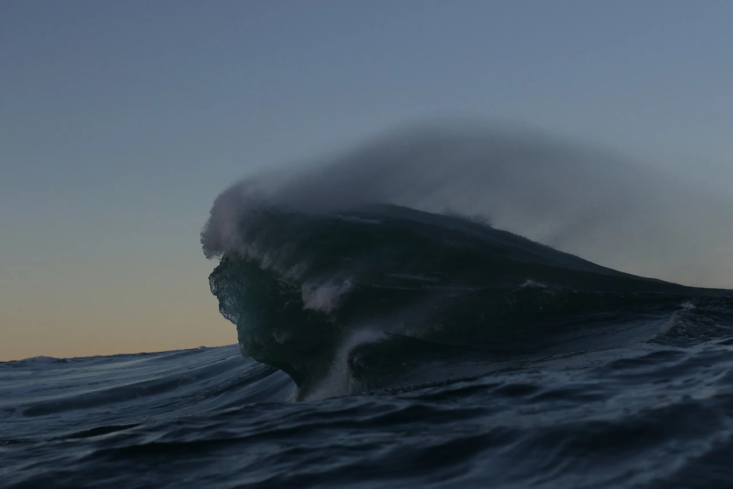 A sculptural dark wave rising beneath a grey sky.